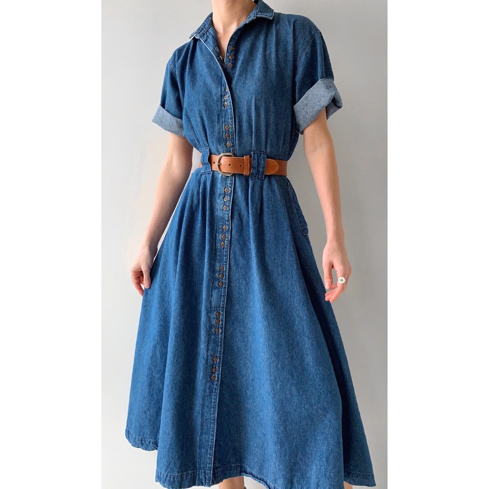 ‼️SOLD‼️ Vintage A line jean denim midi dress button down with collar - Picture 1 of 5